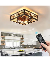 Clihome Farmhouse Rustic Ceiling Fan, Square Caged Industrial Ceiling Fixture with 6 Speeds