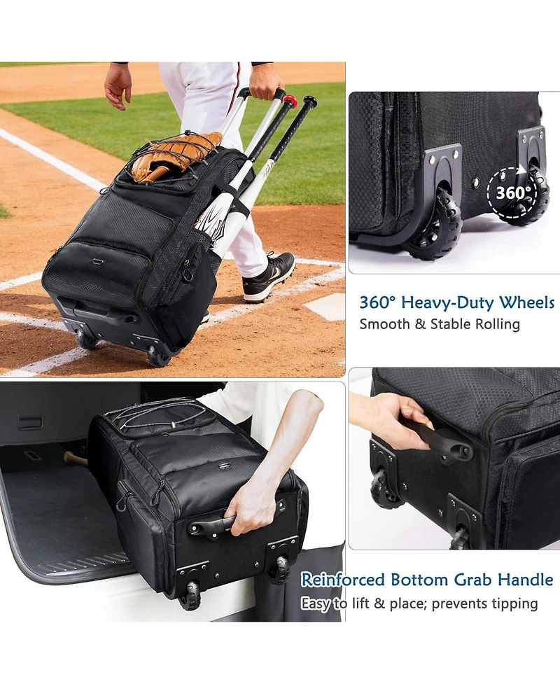 Furlihong 60L Rolling Baseball Bag - Youth Equipment Holds 4 Bats, Shoe Compart & Fence Hook, for Boys Girls 8+
