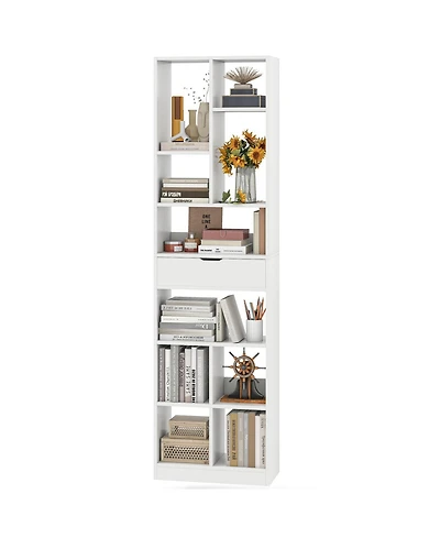 Gymax 71'' Tall Bookcase with Drawer Modern Bookshelf with 10 Open Cubes Display Rack
