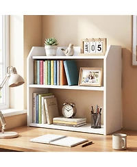 Gymax 2Pieces 3-Tier Desktop Bookshelf with Raised Top Guardrails Space-Saving Display Shelf