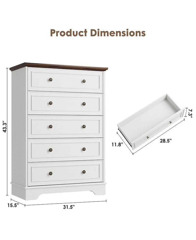 gaomon 5 Drawer Dresser for Bedroom, Vertical Chest of Drawers, Farmhouse Tall Cabinet Organizer for Living Room, Hallway