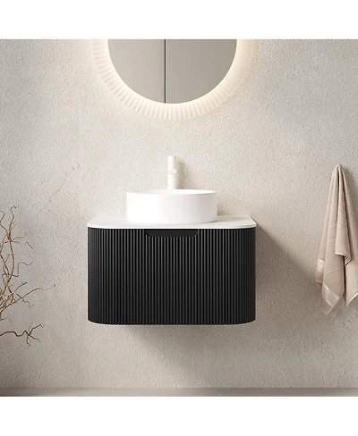 Sillysis Wall Mounted Bathroom Vanity with Sintered Stone Top, Round Ceramic Sink, Black Striped Drawer