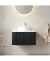 Sillysis Wall Mounted Bathroom Vanity with Sintered Stone Top, Round Ceramic Sink, Black Striped Drawer