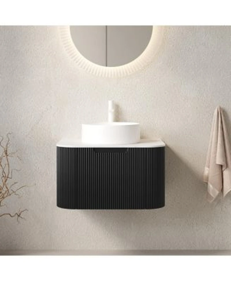 Sillysis Wall Mounted Bathroom Vanity With Sintered Stone Top Round Ceramic Sink Black Striped Drawer Pre Assembled