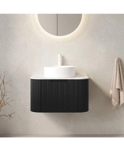 Sillysis Wall Mounted Bathroom Vanity With Sintered Stone Top Round Ceramic Sink Black Striped Drawer Pre Assembled
