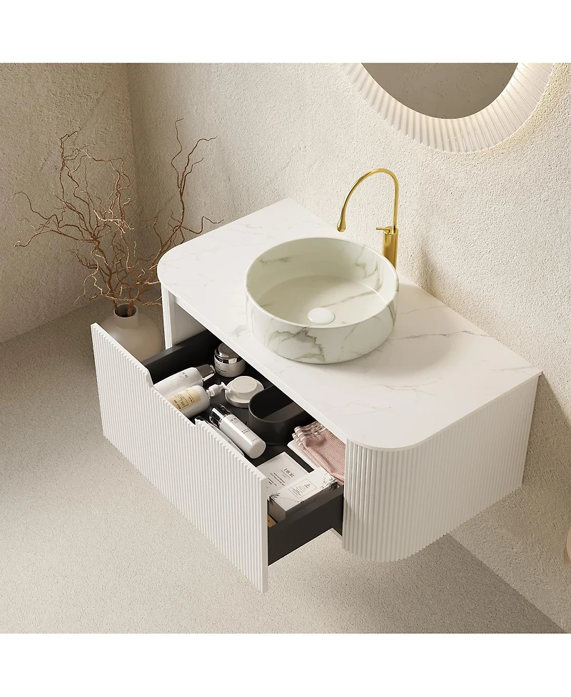 Sillysis Wall Mounted Bathroom Vanity with White Sintered Stone Top, Round Ceramic Bowl Sink, Pre-assembled