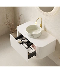 Sillysis Wall Mounted Bathroom Vanity with White Sintered Stone Top, Round Ceramic Bowl Sink, Pre-assembled