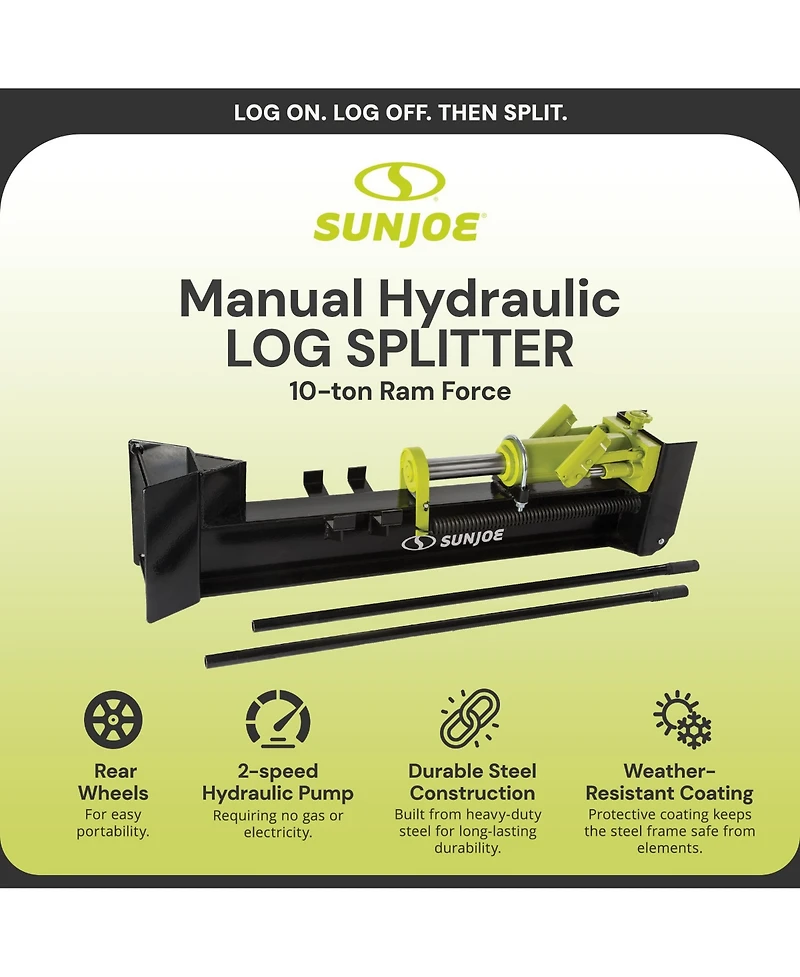 Sun Joe Hydraulic Steel Beam Log Splitter, 10 Ton Capacity Firewood Tool, LJ10M