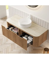 Sillysis Wall Mounted Bathroom Vanity with Sintered Stone Top, Round Ceramic Vessel Sink, Wood Grain Drawer