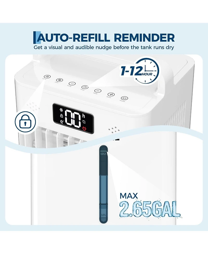 Xo 2.6Gal Portable Cooling Fan, Evaporative Air Cooler with Touch Screen, Remote for Bedroom, Home, Office