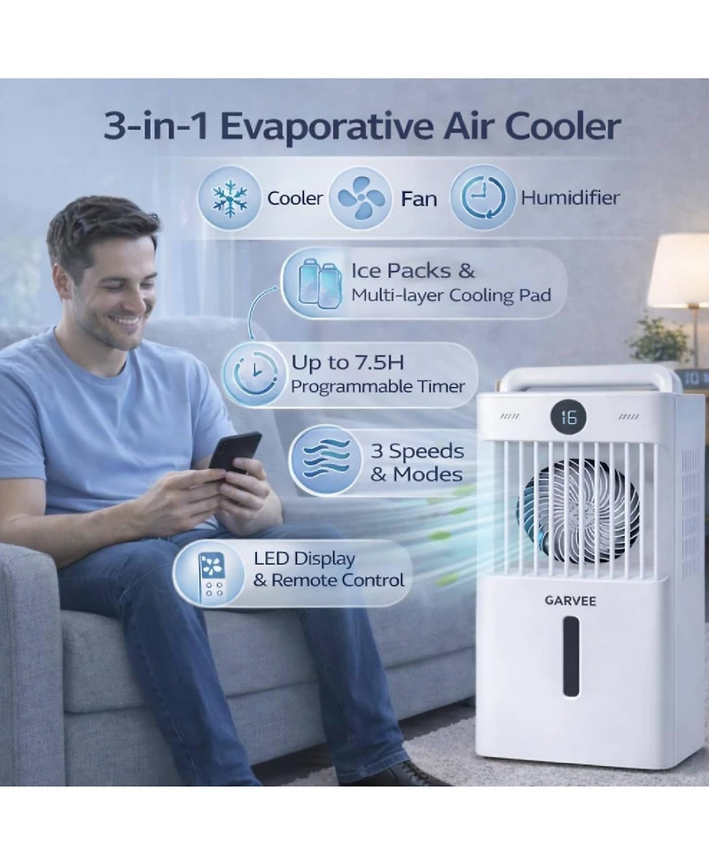 Xo 3 in 1 Evaporative Air Cooler, Cooling Fan for Living Room, Office and Garage with 2.6 gal Water Tank