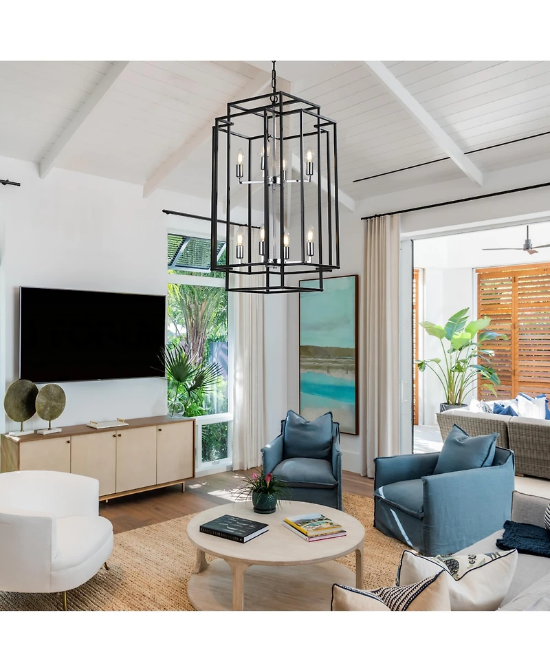 Clihome Industrial Metal Frame 8-Light Geometric Pendant Chandelier, Adjustable Hanging Light