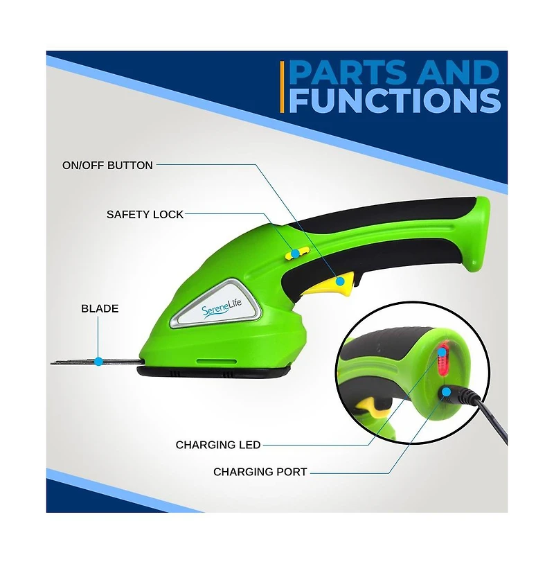 Pyle Cordless Handheld Grass Cutter Shears with Hedge Trimmer Blade