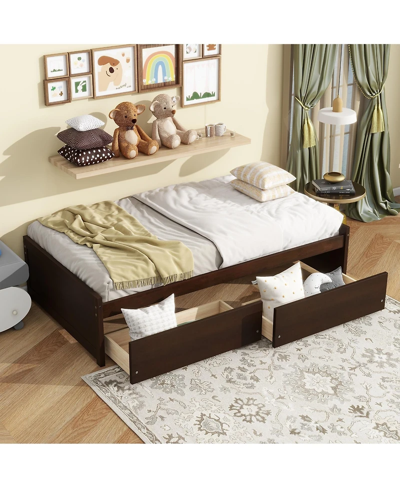 Clihome Bed with 2 Drawers, Solid Rubber Wood