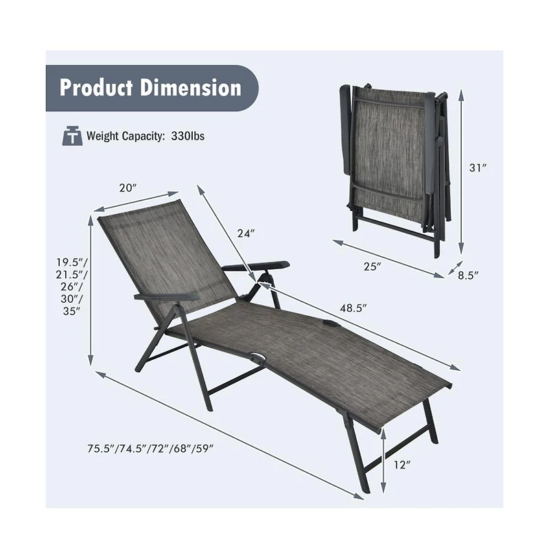 Boyel Living Patio Foldable Chaise Lounge Chair with Backrest and Footrest
