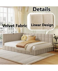 Rainsken L-Shaped Corner Upholstered Daybed, Grid Tufted Velvet Bed Frame with Wooden Slats for Bedroom