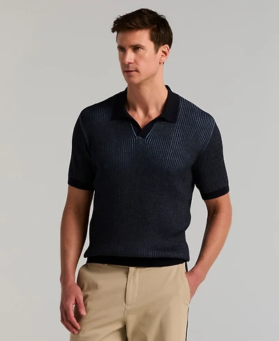 Perry Ellis Men's Bi Color Plaited Rib Open Polo Sweater