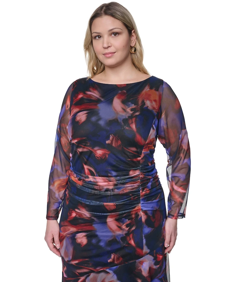Vince Camuto Plus Printed Side Ruched Mesh Midi Dress