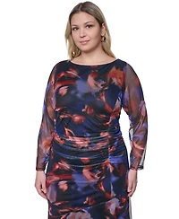 Vince Camuto Plus Printed Side Ruched Mesh Midi Dress