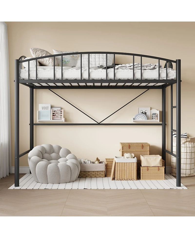 homfan Metal Loft Bed with Arched Guardrail and Ladder, Space-Saving Frame Steel Slats, No Box Spring Needed