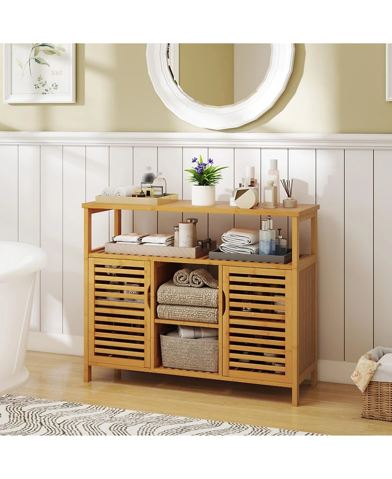 sumyeg Bamboo Bathroom Storage Cabinet with Shelves and Doors