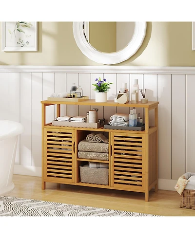 sumyeg Bamboo Bathroom Storage Cabinet with Shelves and Doors