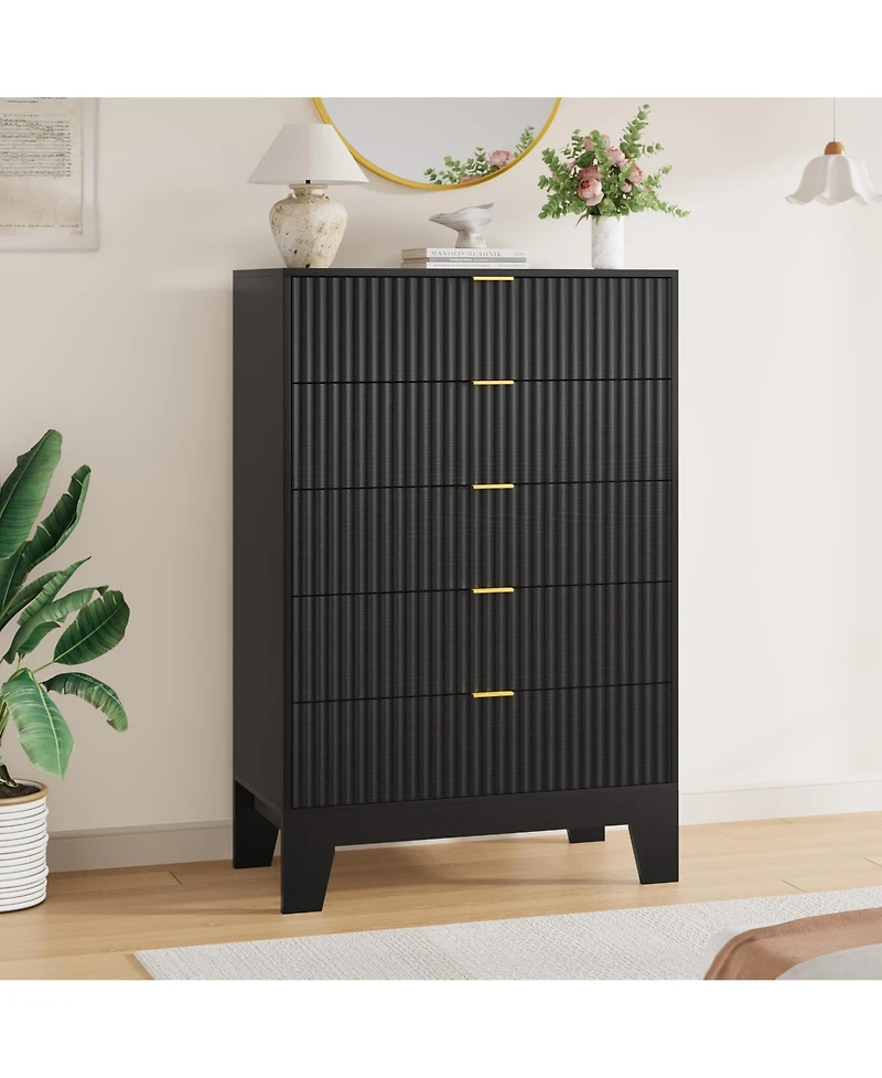gaomon 5 Drawer Fluted Dresser – 47" Tall Wooden Chest of Drawers with Metal Handle, Clothes Storage for Bedroom, Hallway