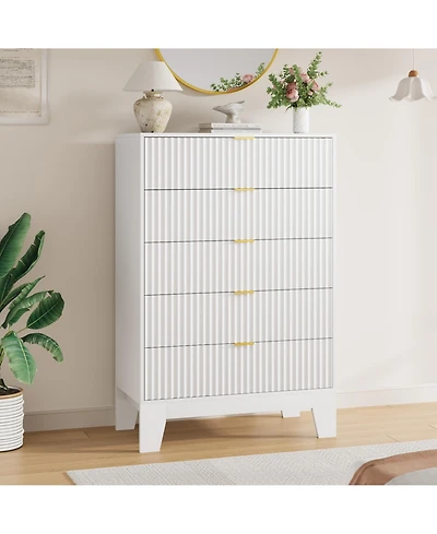 gaomon 5 Drawer Fluted Dresser – 47" Tall Wooden Chest of Drawers with Metal Handle, Clothes Storage for Bedroom, Hallway