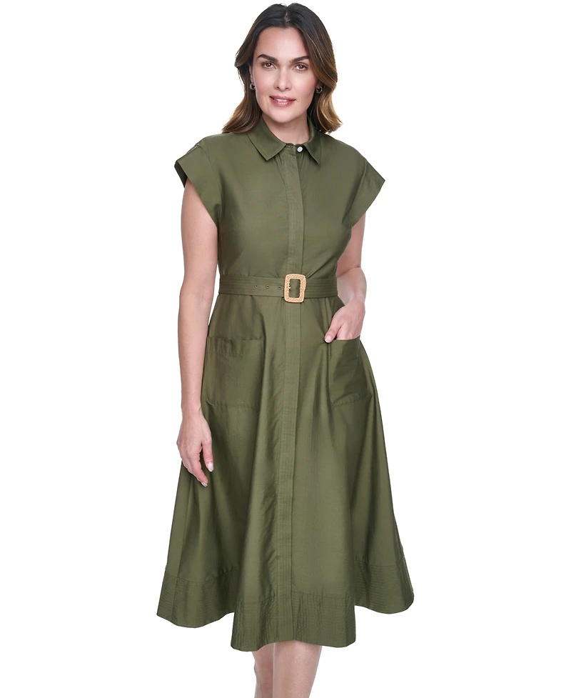 Eliza J Petite Trapunto Stitch Collared Button Down Midi Shirt Dress