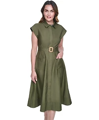 Eliza J Petite Trapunto Stitch Collared Button Down Midi Shirt Dress