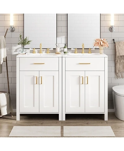 Thirtypeachy Modern Solid Wood Mdf Vanity With Ceramic Sink, Soft-Close Doors Flip Drawer, Gold Handles