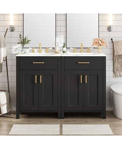 Thirtypeachy Modern Solid Wood Mdf Vanity With Ceramic Sink, Soft-Close Doors Flip Drawer, Gold Handles