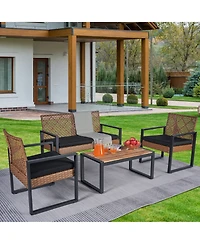 Clihome 4-Piece Outdoor Patio Furniture Set with Acacia Wood Table - Modern Pe Rattan Conversation Set