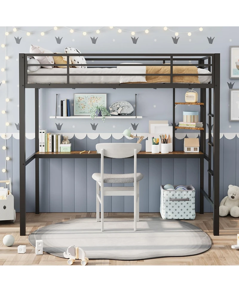 homfan Metal Twin Loft Bed with Desk and Storage Shelves, Space-Saving Frame Guardrails, Ladder Steel Slats
