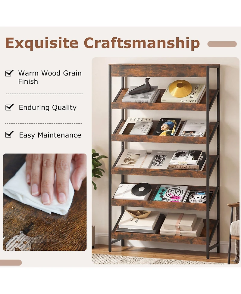 Gymax 6-Tier Bookshelf Industrial Tall Bookcase with Angled Shelves and Metal Frame