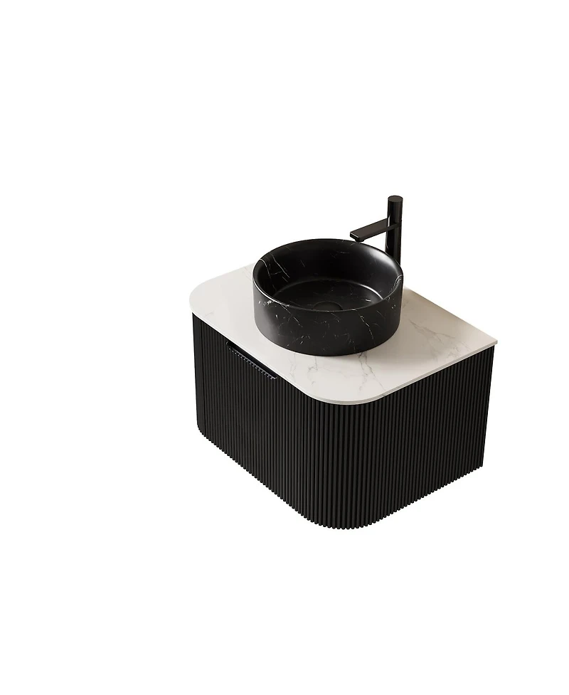 Sillysis Wall Mounted Bathroom Vanity with Sintered Stone Top, Ceramic Round Sink, Stripe Drawer