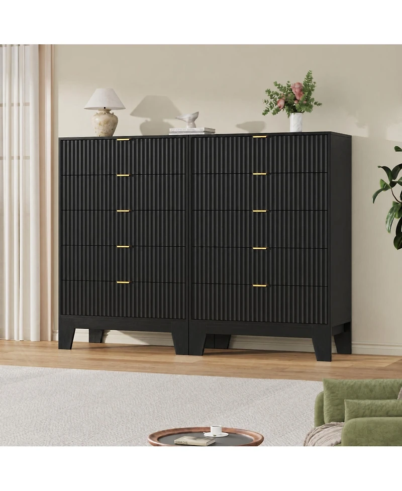 homfan 5 Drawer Dresser for Bedroom, Fluted Chest with Metal Handle, Modern Wooden Tv Stand, Clothes Storage Organizer Hallway, Entryway