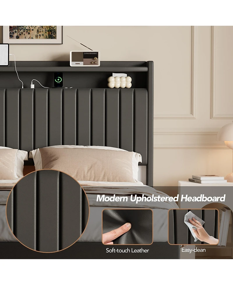 homfan Floating Platform Bed Frame with Hidden Legs, App-Controlled Rgb Led Lighting, Headboard Shelf and Charging Station, No Box Spring Needed