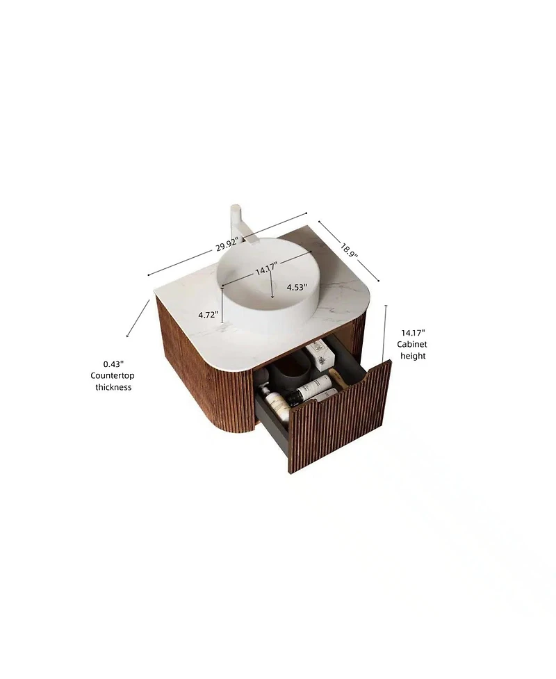 Sillysis Wall Mounted Bathroom Vanity with Sintered Stone Top, Round Ceramic Vessel Sink, Walnut Striped Drawer