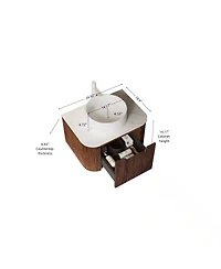 Sillysis Wall Mounted Bathroom Vanity with Sintered Stone Top, Round Ceramic Vessel Sink, Walnut Striped Drawer