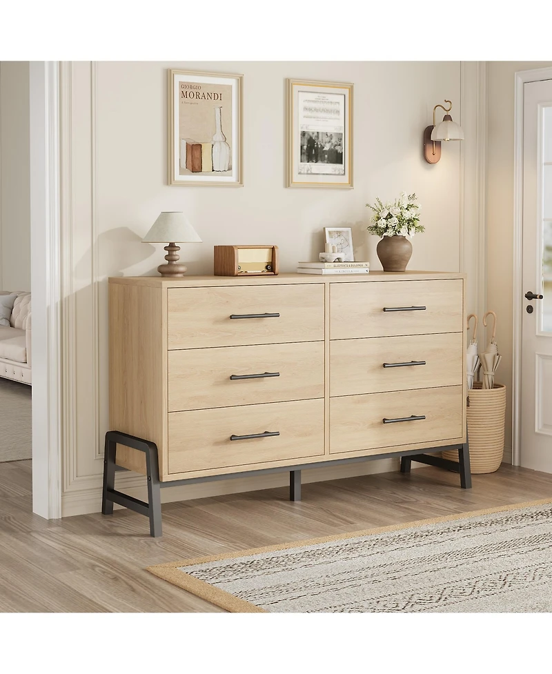 homfan 6 Dresser for Bedroom, 52" Wide Freestanding Wooden Closet Storage Chest Living Room, Entryway