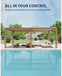 gaomon Adjustable Aluminum Louvered Pergola Reinforced Rustproof Frame Hardtop Gazebo with Integrated Drainage Wood Grain Finish All-Weather Outdoor