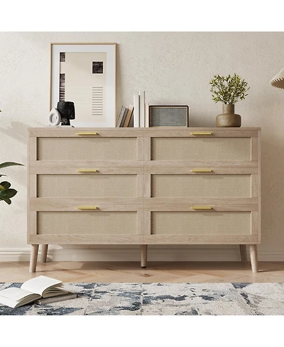 homfan 6 Drawer Dresser, 47 Inch Natural Rattan Chest of Drawer, Large Wooden Dresser with 5 Wood Legs, Farmhouse Dresser for Bedroom, Living Room