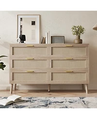 homfan 6 Drawer Dresser, 47 Inch Natural Rattan Chest of Drawer, Large Wooden Dresser with 5 Wood Legs, Farmhouse Dresser for Bedroom, Living Room
