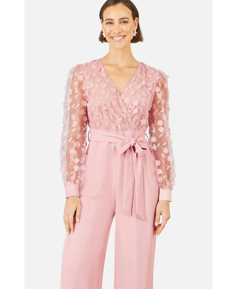 Yumi Women's Sash Waist Floral Applique Wrap Jumpsuit