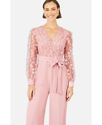 Yumi Women's Sash Waist Floral Applique Wrap Jumpsuit