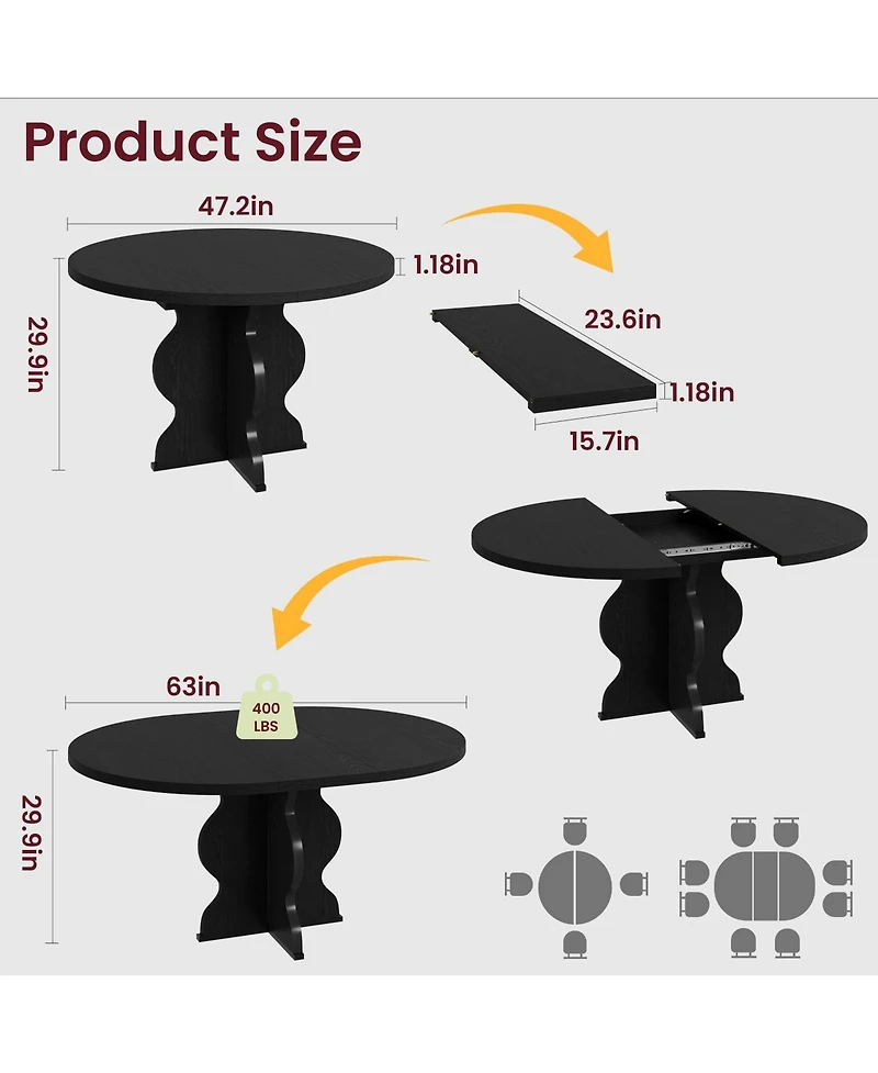 gaomon Extendable Oval Dining Table For 4-8 - Farmhouse Kitchen Table - 47"-63" Expandable Top - Sturdy Metal Frame - Space-Saving Design