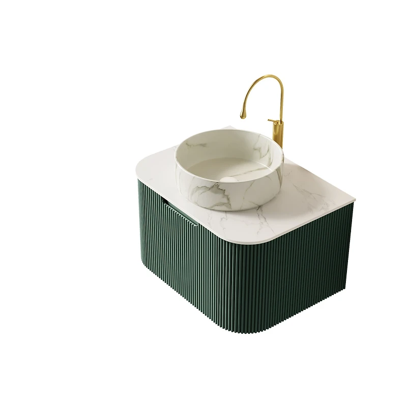 Sillysis Wall Mounted Bathroom Vanity with Sintered Stone Top, Round Ceramic Basin, Stripe Drawer Panel