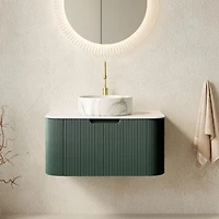 Sillysis Wall Mounted Bathroom Vanity With Sintered Stone Top Round Ceramic Basin Stripe Drawer Panel Pre Assembled