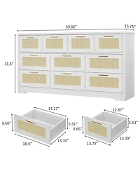 homfan 10 Drawers Dresser for Bedroom, Rattan Chest of with Spacious Tabletop and Handles, Closet Organizer Tv Stand Living Room